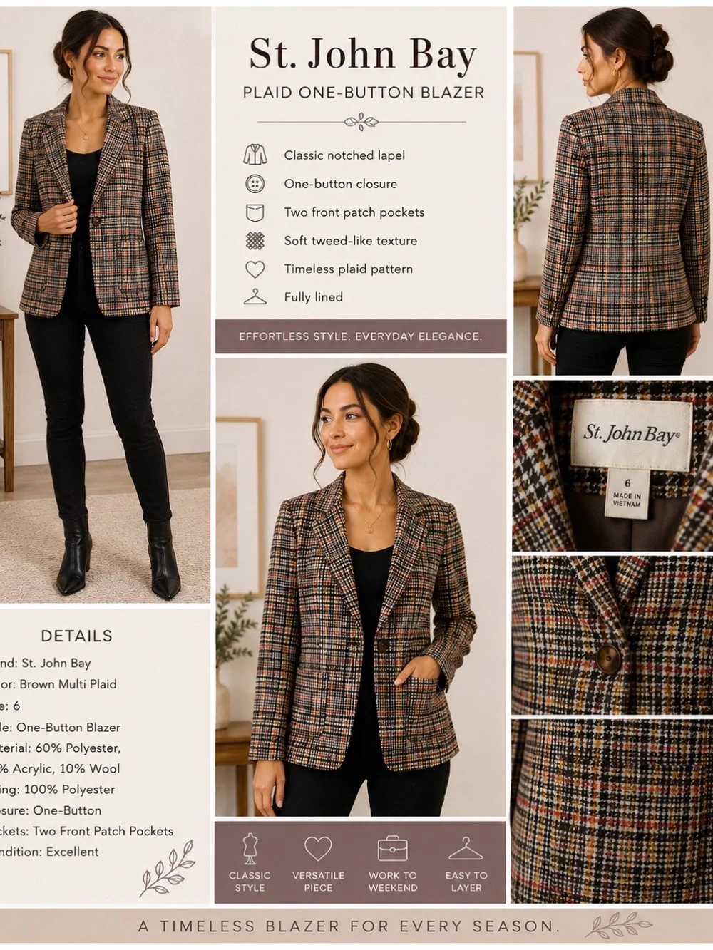St. John's Bay Brown Multi Plaid Notched Lapel Blazer